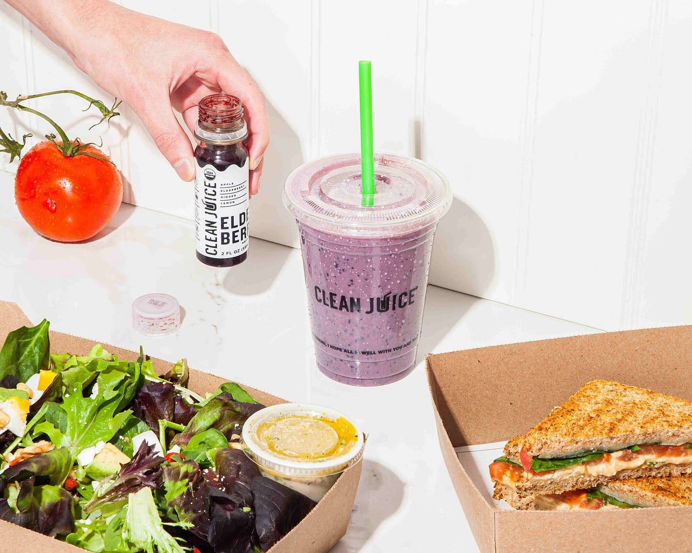 Salad, sandwich, pressed juice, and smoothie