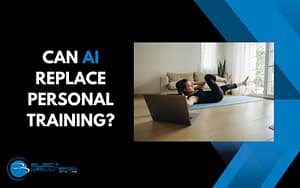 Can AI replace Personal Training 'Can AI replace personal training?' with an image of a woman exercising at home.